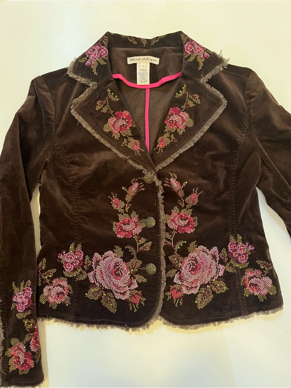 Telluride cropped brown velvet embroidered boho blazer. Sz S